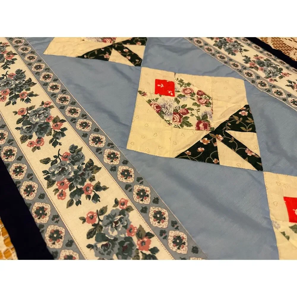 Handmade Quilted Tulip Table Runner 16x63 Blue Floral Patchwork Cottagecore